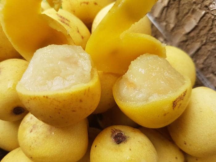Yellow marula fruits on display - revealing their juicy white flesh