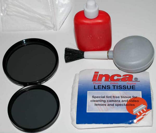 DSLR Cleaning equipment. Lens Cleaner, Dust Brush, Lens Tissue, Cotton Buds and Lens Filters.
