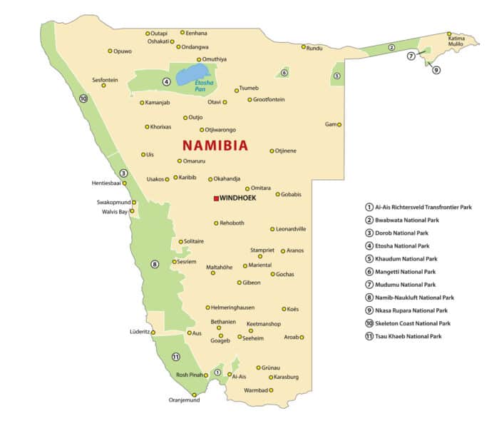 Map of Namibia's major national parks