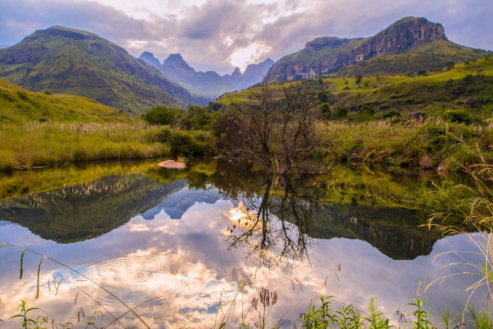 Stunning views of the Drakensberg mountains, with water reflection