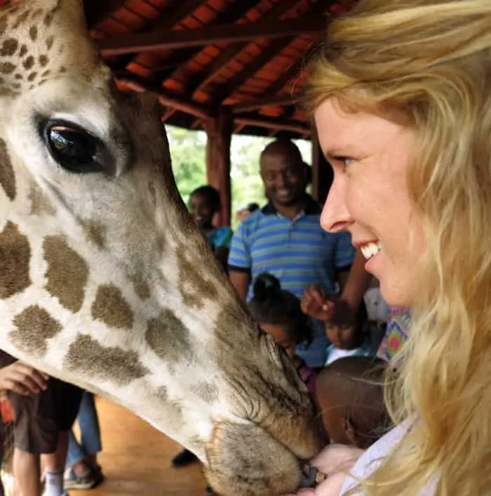 Woman feeding a giraffe with pellets at the Giraffe Centre in Nairobi