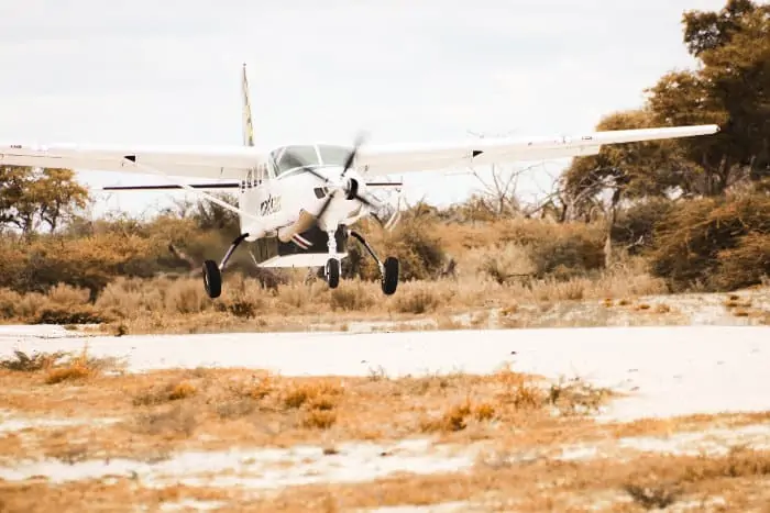 A light aircraft lands on a bush strip in the Okavango
