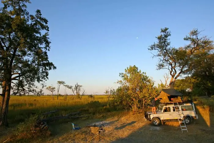 Setting up camp in the wilderness, Moremi Game Reserve