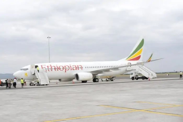 Ethiopian Airlines plane parked on the tarmac, Kilimanjaro International Airport, Arusha