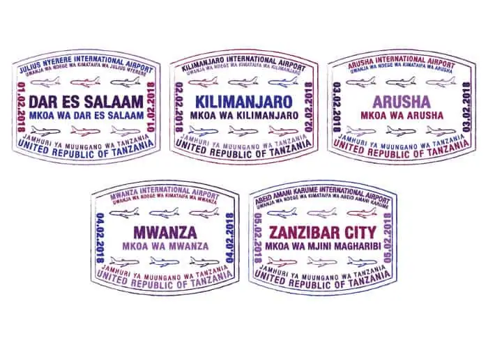 Passport stamps for major airports in Tanzania