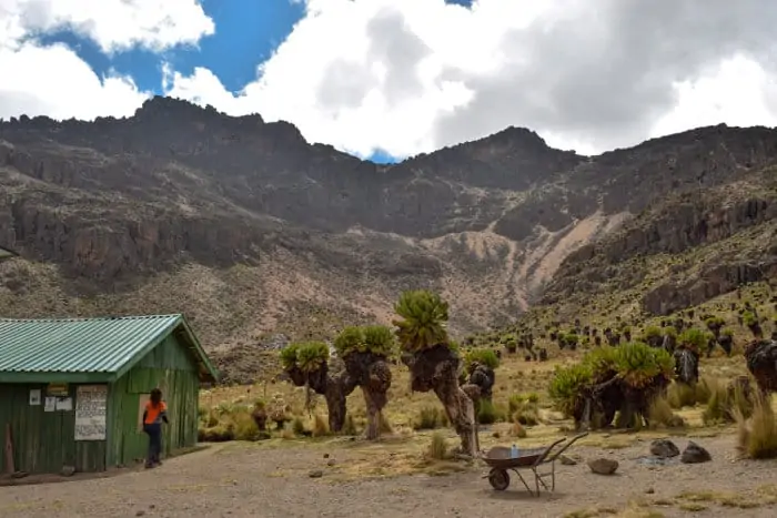 Shipton's Camp against the mountain backdrop, Mount Kenya