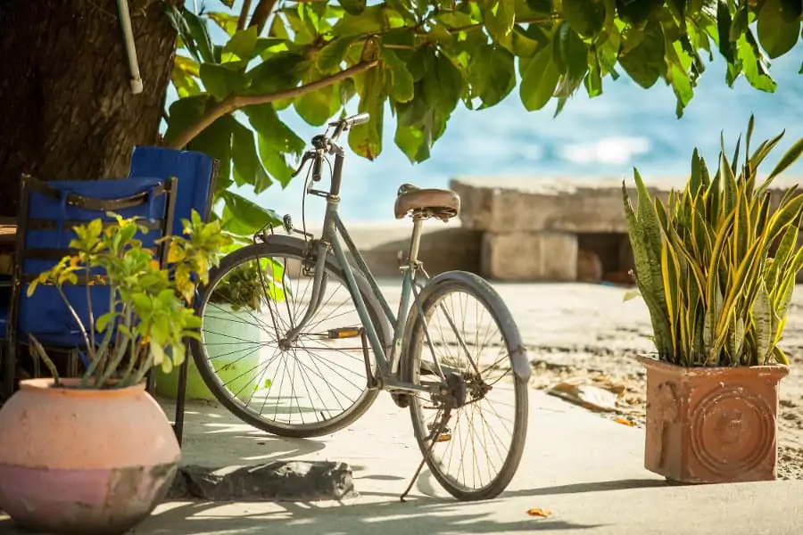 Bicycle parked on the side of a local bar, with the ocean in the background, Zanzibar