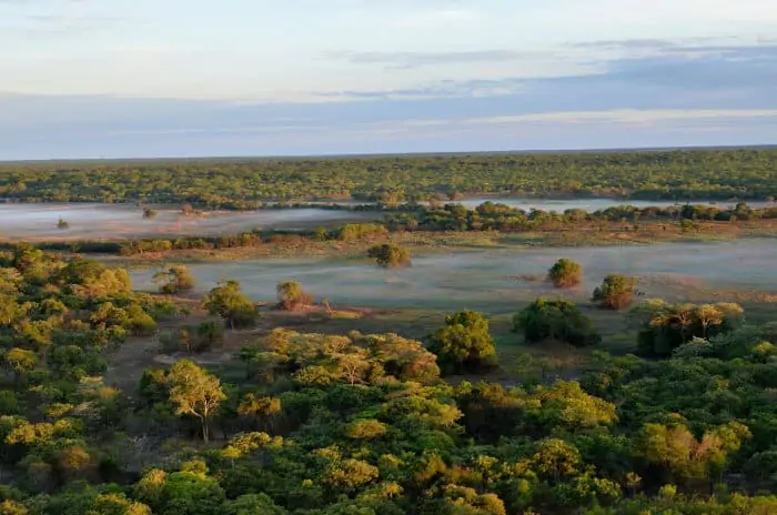 Early morning aerial view of Kasanka National Park in Zambia