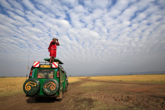 Maasai guide on top of a Land Cruiser, looking for animals with his binoculars