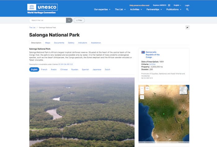 Salonga National Park - UNESCO website screenshot