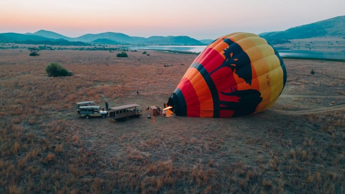 Hot air balloon getting ready for take-off, Pilanesberg