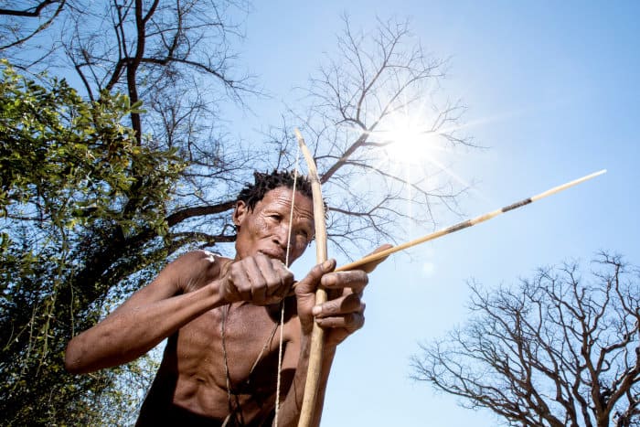 Ju'Hoansi San bushman demonstrating his hunting skills with a bow and arrow