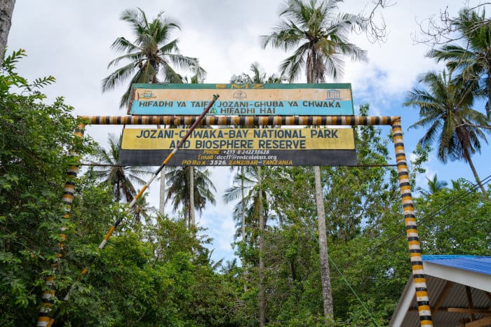 Jozani Chwaka Bay National Park main entrance gate sign