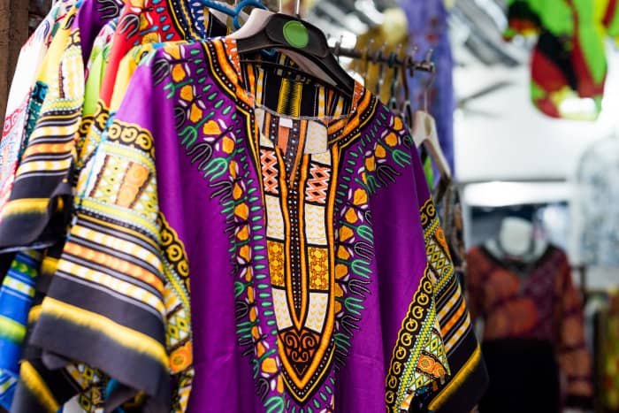 Beautiful and colorful traditional clothes at a local market in Tanzania