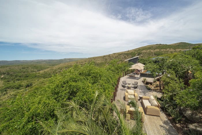 Pool deck aerial view of Rhino Ridge Safari Lodge